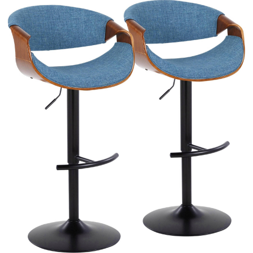 Curvo Adjustable Swivel Bar Stool in Black Metal, Walnut Wood & Blue Fabric (Set of 2)